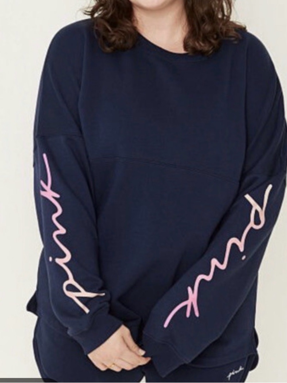 PINK Victoria's Secret Navy Pullover with Pink Script Sleeves